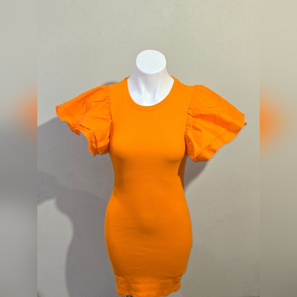 NWT Zara Striped Ruffle Ribbed Dress Orange Size Medium